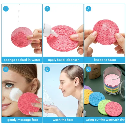 Vista 3 de Geiserailie 50 esponjas faciales comprimidas, maquillaje facial, esponjas cosméticas naturales de spa para mujeres, máscara exfoliante, eliminación