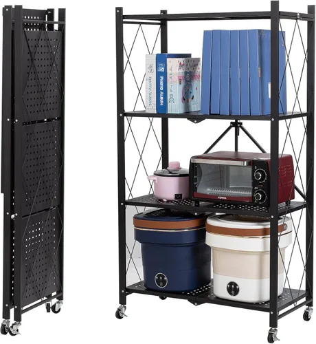 Vista 8 de Muichi Estante plegable de 3 niveles, estantes plegables con ruedas, estantes plegables, unidad de estantería de metal, organizador