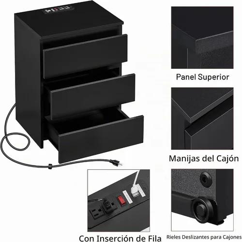 Vista 6 de Yaheetech Juego de 2 mesitas de noche, mesita de noche con estación de carga, armario de almacenamiento de 3 cajones con 2 puertos USB y tomas