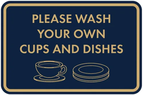 Vista 43 de Letrero clásico enmarcado con texto en inglés «Please Wash Your Own Cups and Dishes» (negro)