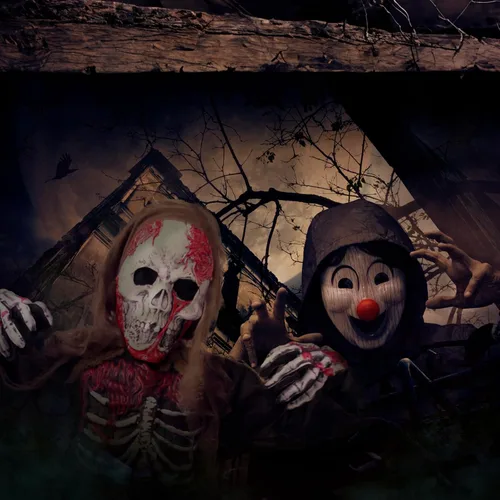 Vista 7 de Disfraz de zombi para niños, disfraz de zombi de esqueleto de Halloween para niños, disfraz de zombi muerto vivo con juguetes de motosierra