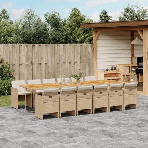 Vista 17 de Juego de comedor de patio de 9 piezas con mesa de ratán de polietileno beige y cojines color crema, muebles de exterior para jardín, patio trasero