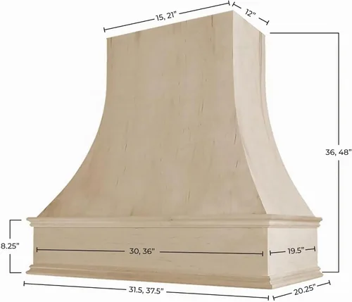 Vista 3 de Cubierta para campana extractora de madera sin terminar, parte delantera curva, 31.5 pulgadas de ancho x 36 pulgadas de alto Unfinished
