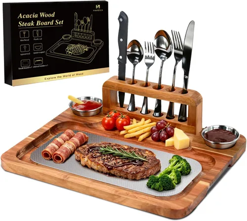 Vista 10 de MAVOTER Tabla de Bistec de Madera de Acacia - Plato de Bistec Tabla de Cortar con Tenedor, Cuchillo y Ramequines Tabla de Servir de Madera para el 1