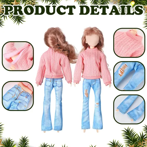Vista 5 de Juego de 8 piezas de ropa de muñeca de 11.5 pulgadas, suéteres de algodón y pantalones de jean, accesorios para muñeca (suéter de cuello redondo)