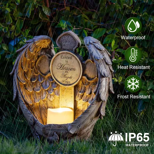 Vista 7 de Estatua conmemorativa de alas de ángel de 12 pulgadas con cruz y vela LED, regalo de condolencia por duelo, decoración de figura de jardín