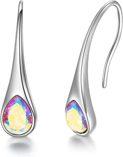 Vista 21 de Pendientes de gancho modernos pequeños de plata de ley 925 con forma de pera y cristales de Austria