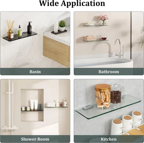 Vista 7 de SAYAYO Estantes flotantes de vidrio para baño, estante de vidrio templado para pared de 15 x 5 pulgadas, 1 unidad, color negro