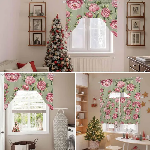 Vista 8 de Juego de cortinas de cocina con festón floral verde salvia, cenefa y nivel, 24 pulgadas de largo, diseño retro de flores rosa pastel, cortinas