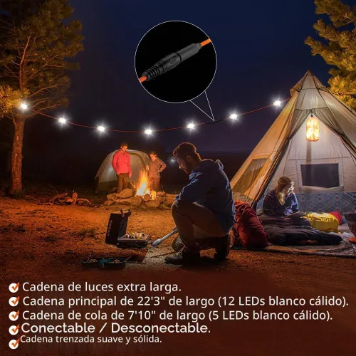 Vista 4 de Tira de luces para interiores y exteriores con cargador de panel solar, impermeable, recargable, 17 luces LED, desmontables de 30 pies de largo, 7