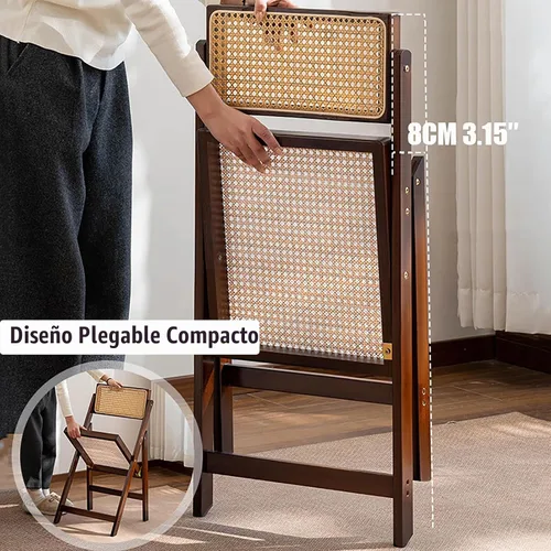 Vista 3 de KISKIS Sillas plegables de ratán de madera, portátil, ahorro de espacio, silla de comedor para balcón, sala de estar, con asiento elástico de malla