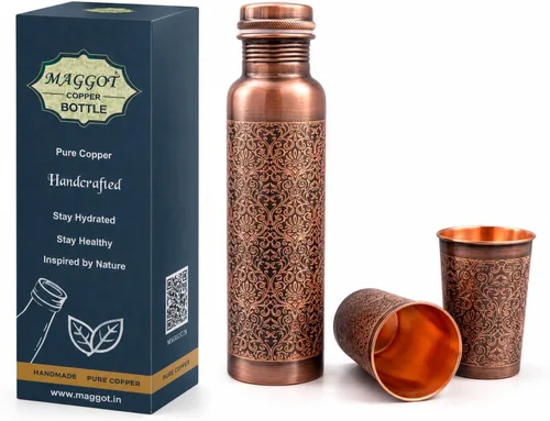 Vista 9 de MAGGOT Copper Water Bottle With 2 Glass Tumbler Ayurvedic Drinking 34 Oz