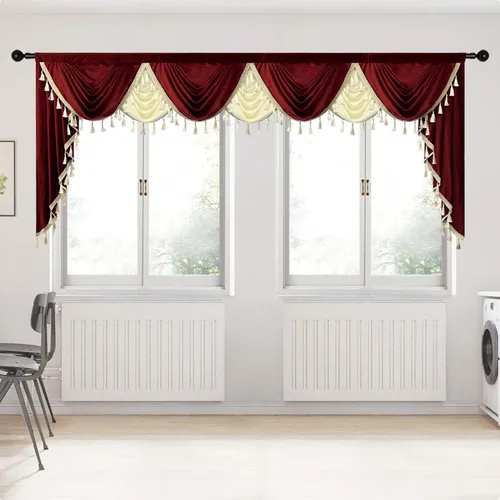 Vista 12 de Gxi Cenefa de cortina de terciopelo beige burdeos para ventanas de cocina, cenefas de cascada de terciopelo, cortinas de ventana para sala de estar