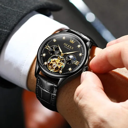 Vista 4 de OLEVS Reloj Tourbillon automático de viento automático mecánico clásico impermeable luminoso correa de cuero
