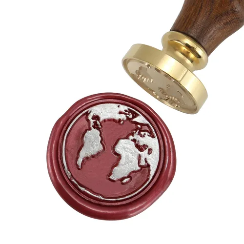 Vista 3 de Yoption Earth Map - Sello de cera con cabeza de latón vintage con mango de madera, sello de cera para invitaciones de boda, sobres, regalos