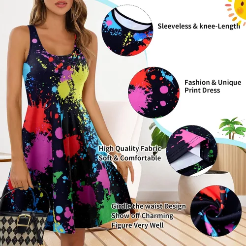 Vista 50 de uideazone - Vestido de mujer sin mangas cuello redondo de verano, para playa, casual, Midi línea A.
