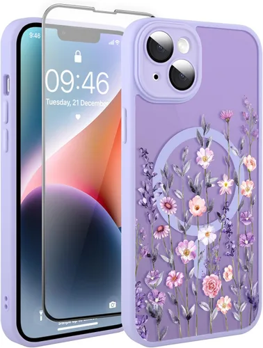 Vista 122 de Magnético para iPhone 13 con protector de pantalla [Compatible con MagSafe] Diseño de patrón floral de flores bonitas, funda delgada a prueba