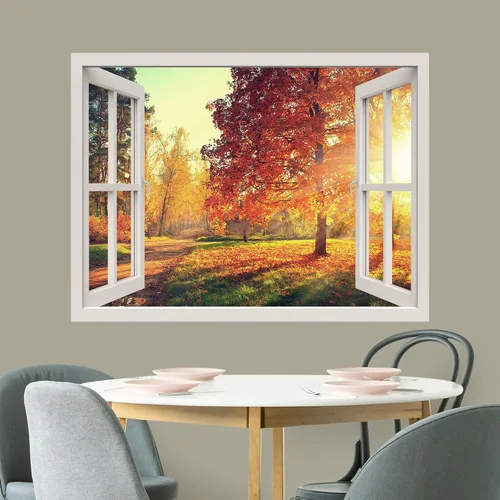 Vista 3 de wall26 Adhesivo mural removible para pared, vista de ventana, sol, otoño, temporada de árbol, bosque, naturaleza, desierto, fotografía, realismo