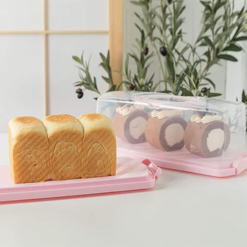 Vista 4 de Panera rectangular de plástico con mango portátil, caja de almacenamiento para pasteles de pan para almacenar pan de plátano, pan de calabaza