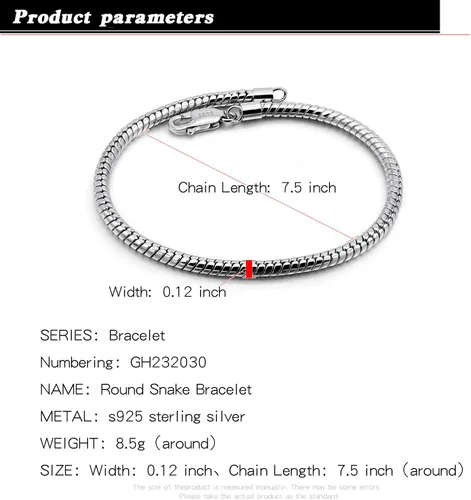 Vista 2 de H&Beautimer Pulsera de plata de ley 925 auténtica, de 0.39 a 0.118 pulgadas, redonda, de serpiente, para hombres, joyería de fiesta glamorosa