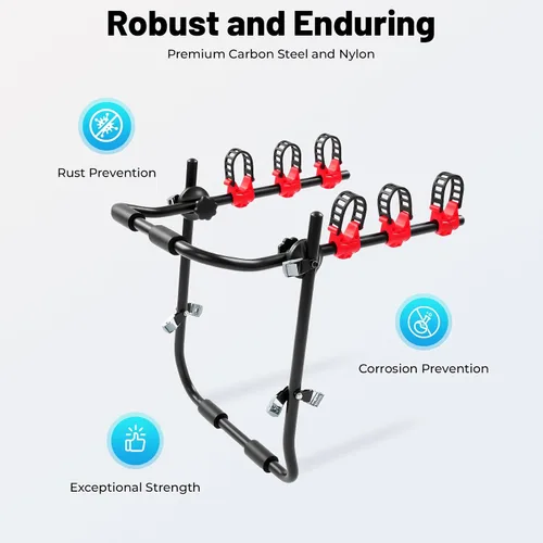 Vista 5 de Soporte de bicicleta de coche para 3 bicicletas, con correas ajustables para maletero, se pliega para almacenamiento, compatible con la mayoría