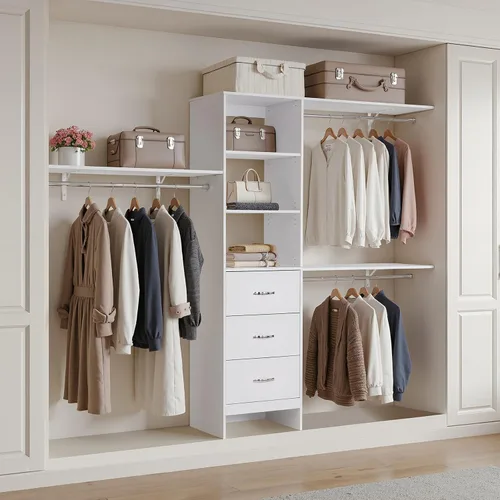 Vista 8 de VEVOR Sistema de Armario con 3 Cajones, Organizadores de Armario de Madera de Altura Ajustable, Organización Moderna de Vestidor con 3 Barras