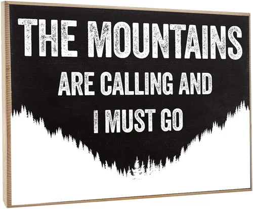 Vista 5 de Letrero de madera con texto en inglés "The Mountains Are Calling" (Las montañas están llamando) - Letrero de madera con refranes - Letrero