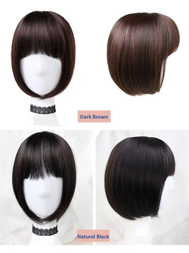 Vista 2 de LXUE Toppers de pelo estilo Bob de 11 pulgadas con flequillo para mujeres con cabello blanco adelgazante, tipo delgado, marrón oscuro