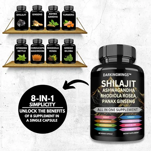 Vista 4 de 8 en 1 Shilajit 9000 Panax Ginseng 1500 MG Ashwagandha 2000 MG Rhodiola Rosea 1000MG, cúrcuma 500 MG, Gingko Biloba 500 mg, ortiga escozante 250 MG