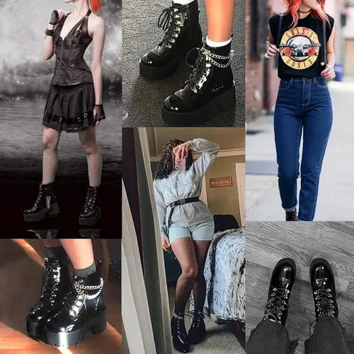 Vista 6 de CYNLLIO - Botas estilo combate de moda al tobillo de mujer, plataforma en bloque con cordones y tachas, botas de motocicleta a mitad