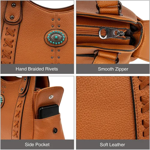Vista 3 de Bolso de mano para mujer grande, bolso western, damas con asa superior, bolsos de hombro vintage con conchas grabadas y tachuelas