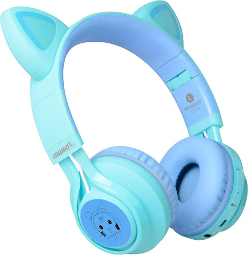 Vista 4 de Riwbox Kids Headphones, CT-7S Cat Ear Bluetooth Headphones with LED Light, 85dB Volume Limiting, Over Ear with Microphone for Laptop/PC/TV