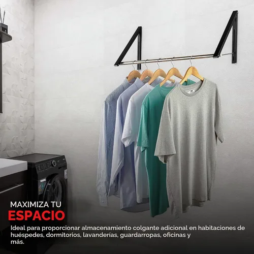 Vista 6 de Doble Perchero Plegable para Ropa con Barra Extensible, Perchero Retráctil Montado en Pared para Secador de Ropa, Barra de Secado Colgante, Pequeños