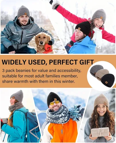 Vista 7 de Nertpow Mens Beanie Hats 3 Pack, Winter Hats for Men Women Warm Thermal Fleece Lined, Thick Knit Fashion Skull Cap for Guys