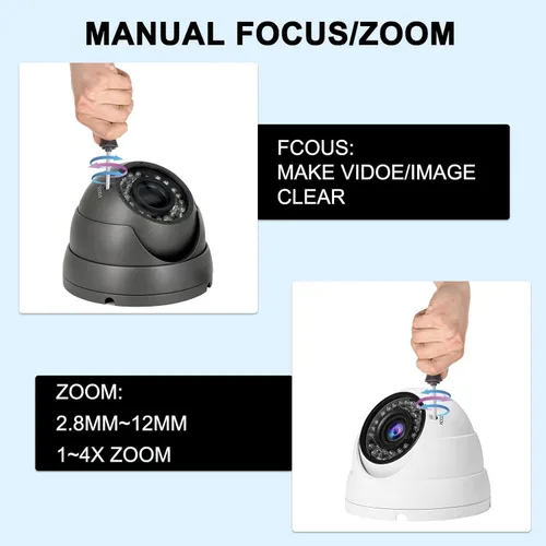 Vista 5 de Cámara CCTV HD 1080P 4 en 1 (TVI/AHD/CVI/960H/CVBS) Cámara domo de seguridad, lente varifocal de 0.110-0.472 in, videovigilancia analógica, visión