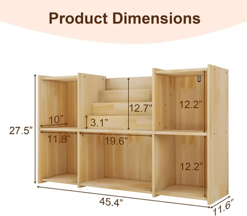 Vista 2 de Estantería de madera, estantería horizontal de perfil bajo de 2 niveles con organizador de almacenamiento, madera certificada FSC, estante