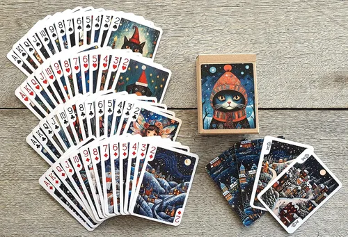 Vista 3 de Naipe de cuento de hadas de Navidad (baraja de póquer 54 cartas todas diferentes) Arte ingenuo Adorable Navidad Niñas Hadas Perros y Gatos Paisajes