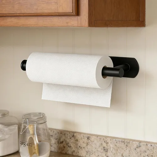 Vista 5 de HUFEEOH Soporte adhesivo para toallas de papel debajo del gabinete, soporte de pared para toalla de papel de cocina, toallero de papel de acero Negro