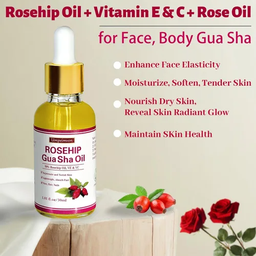 Vista 2 de Paquete de 3 aceites faciales Gua Sha para mujeres, aceite de rosa mosqueta, aceite facial orgánico con infusión de rosa, vitamina E y C