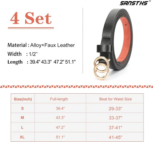Vista 6 de SANSTHS Cinturones ajustados para mujer, juego de 4 cinturones finos de piel sintética con doble hebilla dorada para pantalones de mezclilla