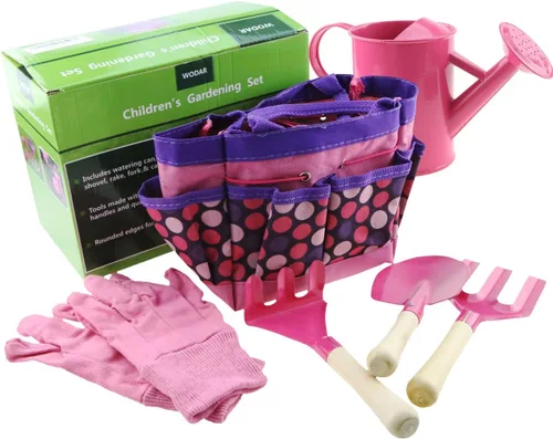 Vista 6 de Apol Juego de herramientas de jardinería para niños, incluye regadera, guantes, pala, tenedor y bolsa de transporte, regalo para niñas y niños (rosa)