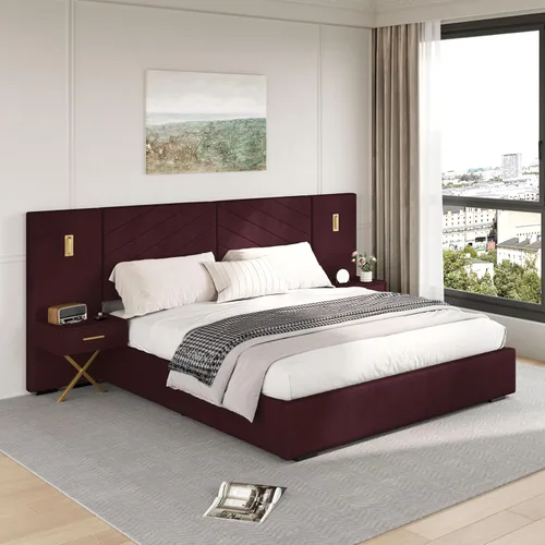 Vista 12 de DEINPPA Base de cama Queen de lujo con luces LED doradas integradas y mesitas de noche, cama de plataforma tamaño Queen con cabecera tapizada