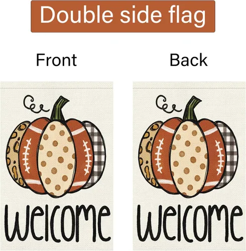 Vista 6 de Louise Maelys Bandera de bienvenida de otoño de 12 x 18 pulgadas, doble cara, pequeña arpillera de otoño, calabaza, fútbol, jardín, otoño, Acción