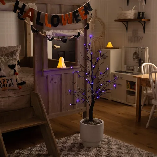 Vista 14 de Nearly Natural Árbol artificial de ramita negra de lujo preiluminado de 3 pies con 36 luces LED naranjas y moradas