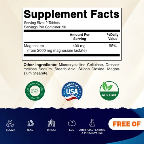 Vista 2 de Vitamatic Lactato de magnesio 2000 mg por porción – 180 tabletas – Apoya la salud muscular, del corazón, de los huesos y del sistema nervioso* – Sin