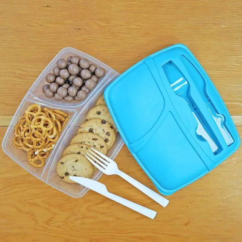 Vista 6 de Juego de recipientes de comida de viaje con tenedor y cuchillo, caja de comida de 3 secciones para sobras, ensalada y aperitivos