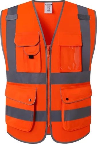 Vista 13 de JKSafety Chaleco de seguridad frontal con cremallera de alta visibilidad Clase 2 de 9 bolsillos con tiras reflectantes, cumple con las normas