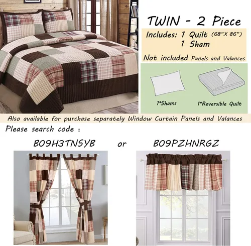 Vista 2 de Cozy Line Home Fashions Juego de ropa de cama reversible con diseño de mosaico real Brody Farmhouse Chocolate Plaid a rayas, colcha colcha