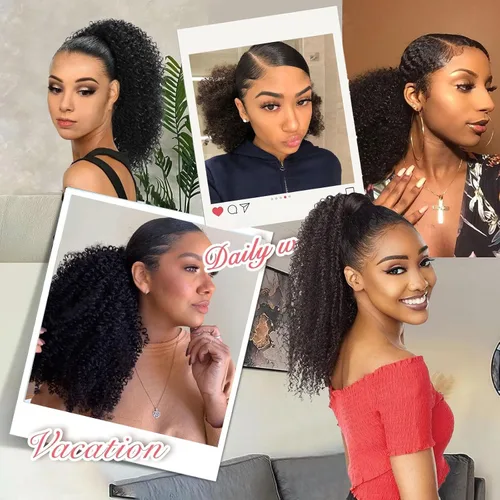 Vista 7 de Extensión de cola de caballo de cabello humano de 12 pulgadas con cordón rizado profundo para mujeres negras, extensión rizada 3C, color negro