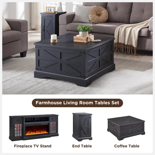 Vista 6 de Farmhouse - Mesa auxiliar cuadrada elevable con gran almacenamiento de 36 pulgadas Mesa de sala de estar de madera con compartimento oculto